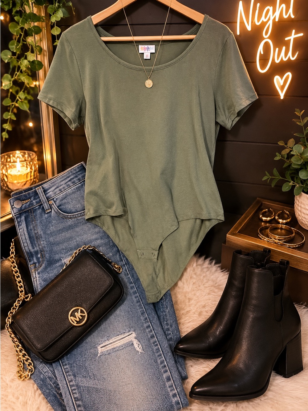 LulaRoe Olive Green Short Sleeve Bodysuit - Classic Scoop Neck